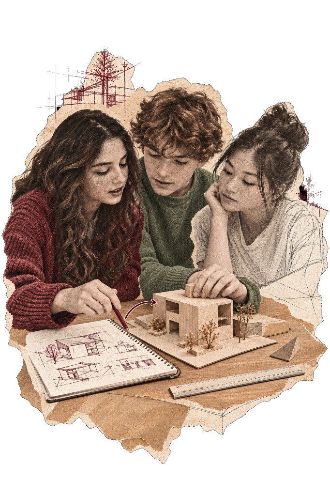 Students collaborating around a wooden architectural model and sketchbook