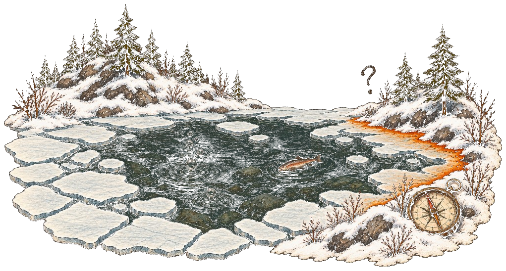 Illustration of a partially frozen Ontario lake with rising bubbles, a compass, and an orange stain on the shore
