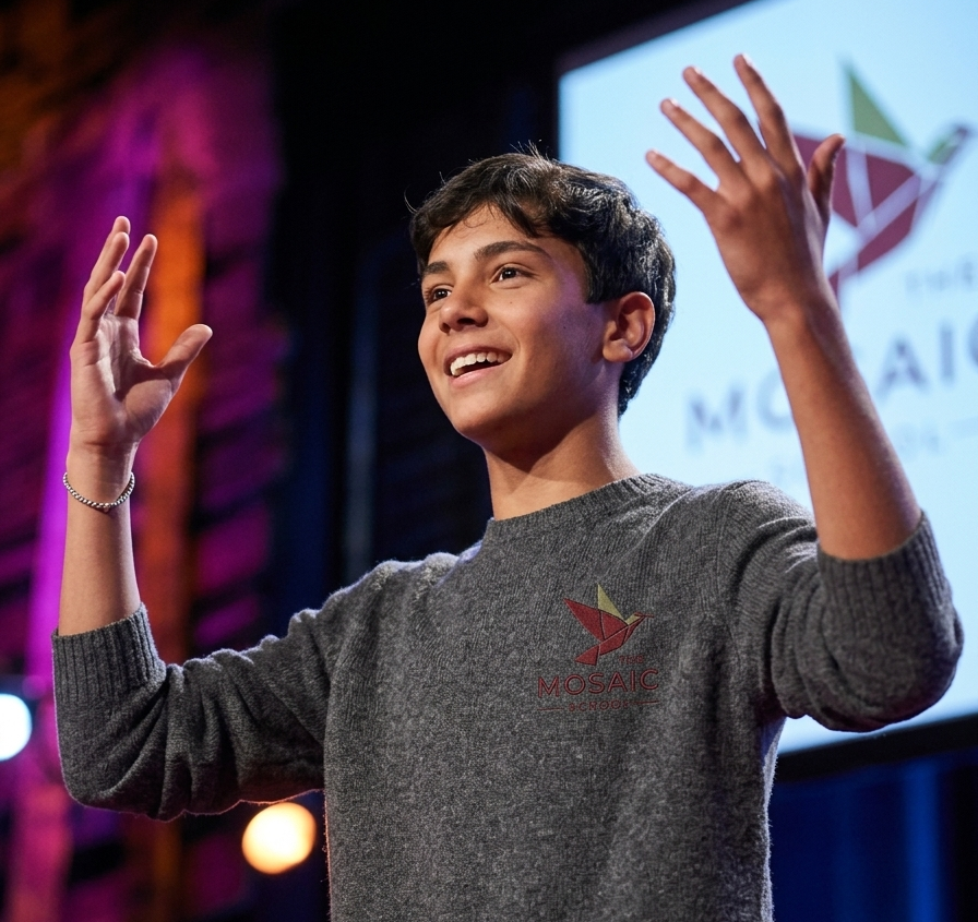 Student speaking on stage at a youth science event
